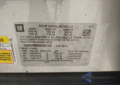 2017 Chevrolet Traverse 2Lt from USA, damaged, VIN 1GNKVHKD9HJ297422